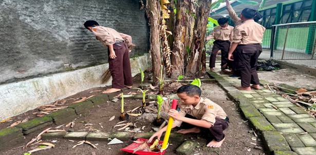 Jumaria Jumat Ceria, Siswa MTsN 9 Bantul Bergerak Rawat Kebun Pisang demi Kelestarian Bumi